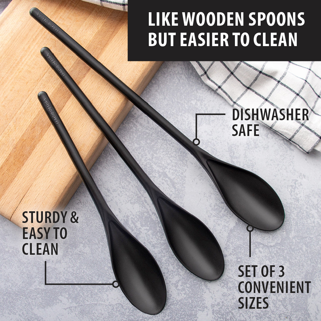3 Rada Mixing Spoons on a countertop